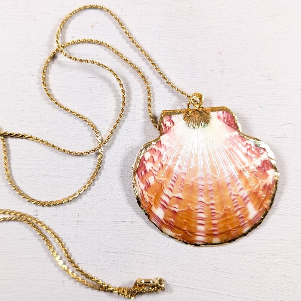 Pink Real seashell pendant necklace on 24" gold plated chain